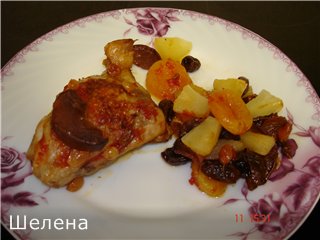 Chicken thighs with dried fruits and pineapple (multicooker-pressure cooker Polaris 0305)