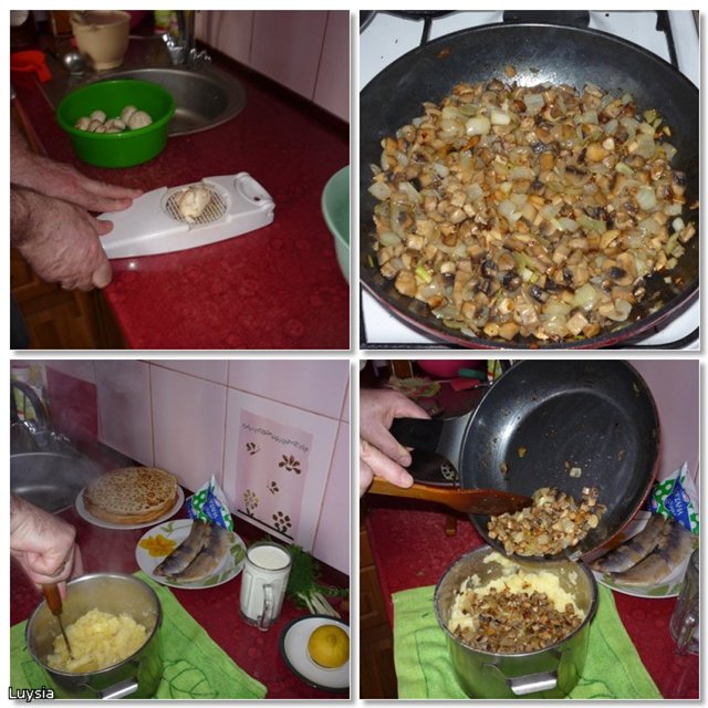 Tortitas con relleno de patata y champiñones y salsa de arenque