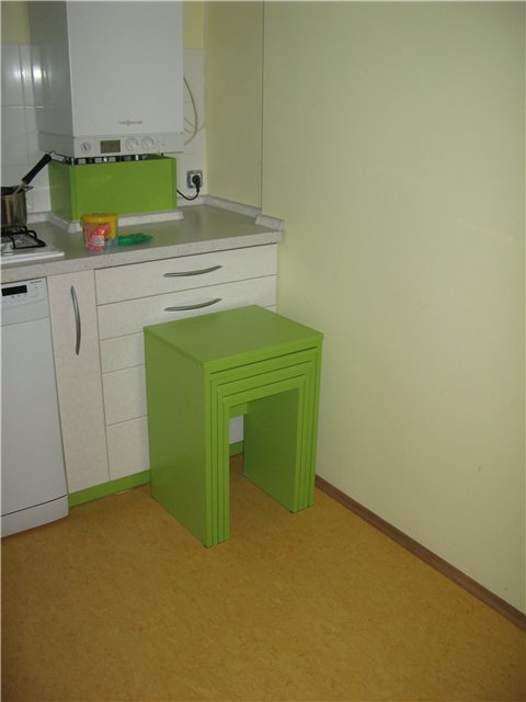 החלום של מניאק. המטבח בצבעי ירוק בהיר וכתום.