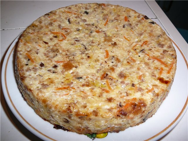 Cabbage casserole with mushrooms and minced meat