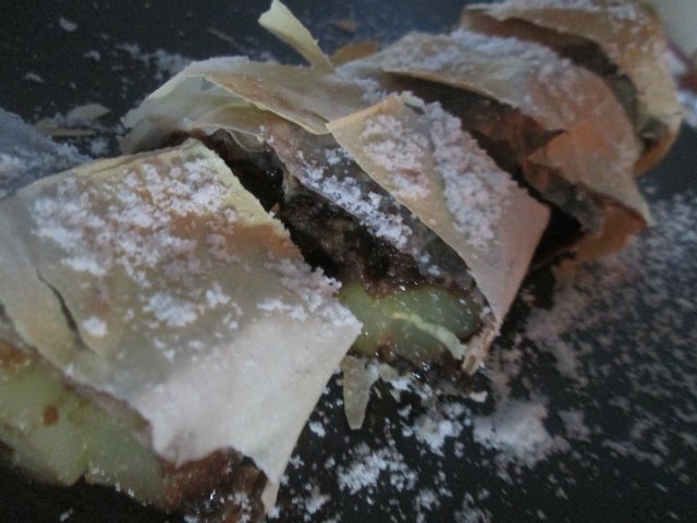 Pears wrapped in almond & chocolate filo