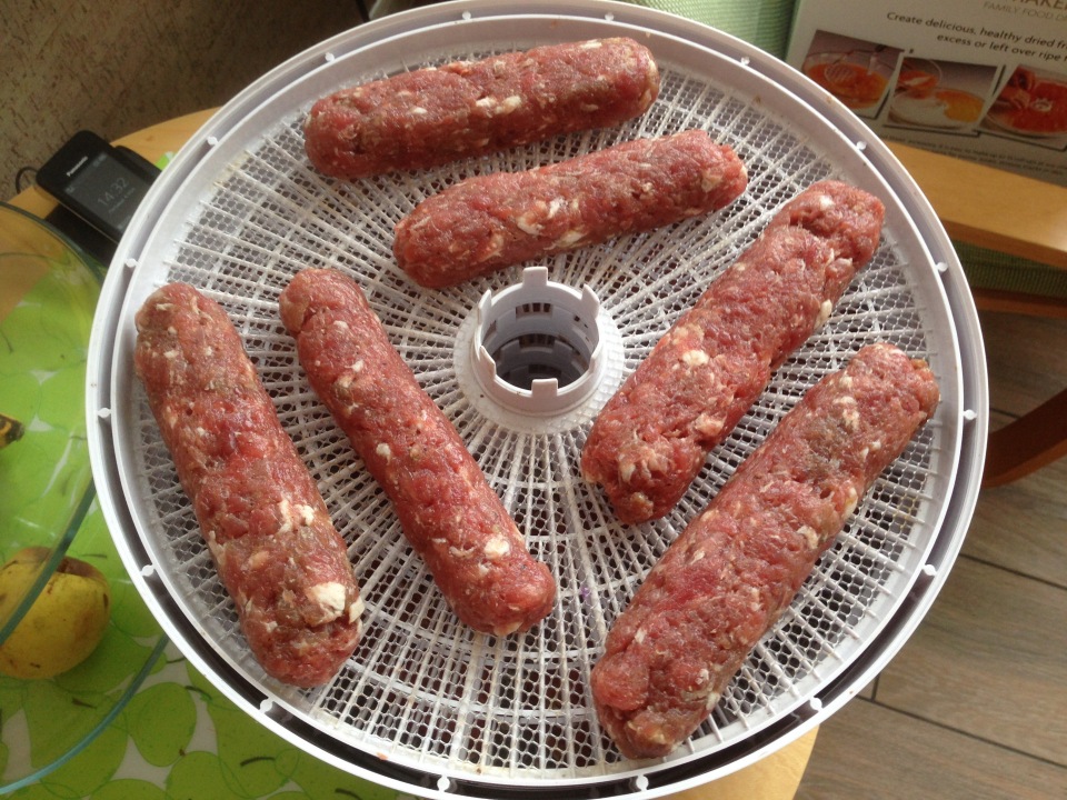 Dried meat and sausage without casings and nitrite salt in an electric dryer