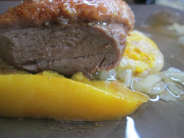Grilled duck with peaches