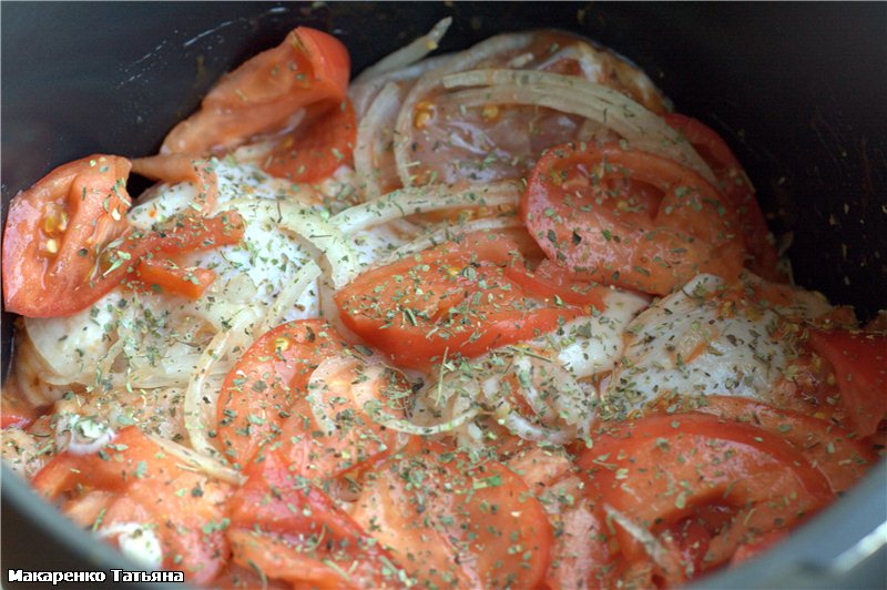 Cosce di pollo con pomodori e cipolle (nel multicooker Oursson 5005)