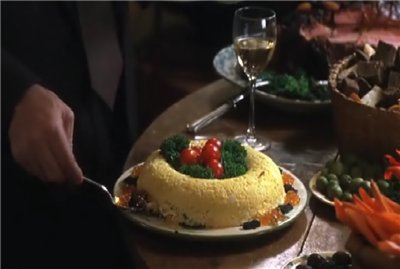 Layered Russian salad with trout and caviar from the movie You've got a letter