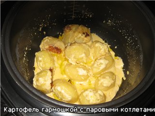 Patatas en acordeón y chuletas al vapor en una multicocina Redmond