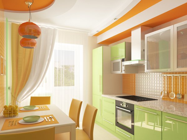 Maniac's droom. Keuken in lichtgroene en oranje kleuren.