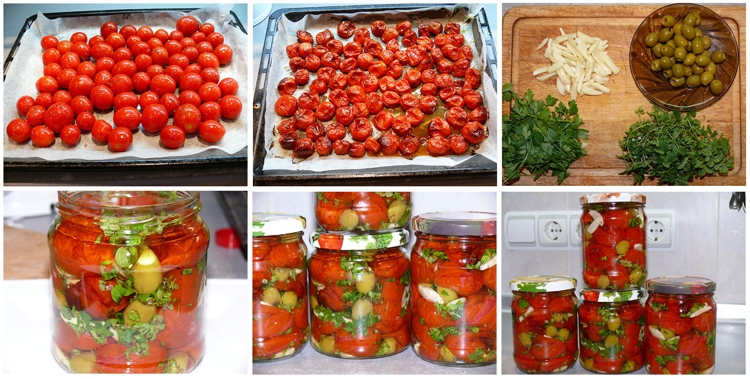 Zongedroogde tomaten in de oven in geurige olie (koken en inblikken)