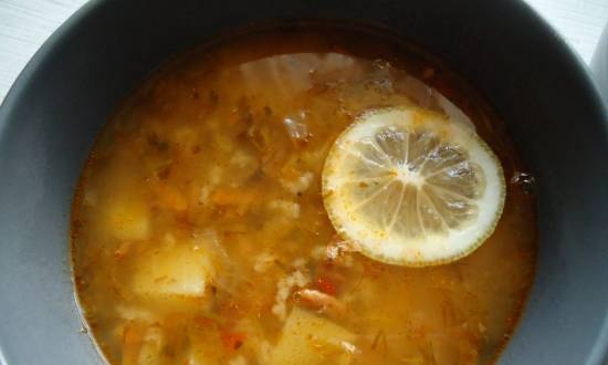 Vissoep gemaakt van sprot in tomatensaus in een multikoker van het merk 37502