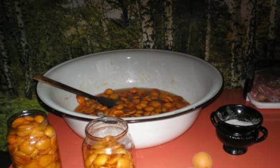 Postre, relleno de albaricoque enlatado (ciruelas) en su propio jugo