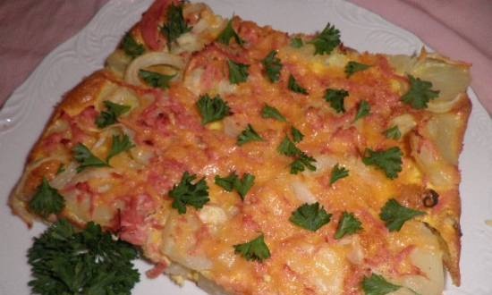 Aardappelen met ham in een omelet