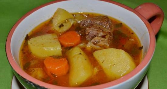 Veal brisket with vegetables, stewed in the Oursson slow cooker