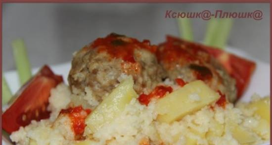 Mga meatball na may patatas at couscous garnish (multicooker Brand 37501)