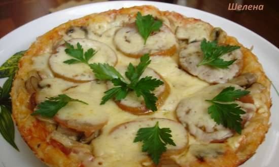 Pizza trên đế men mỏng với nấm và hành tây, nấu trong cài đặt "Cháo" (Polaris 0305)