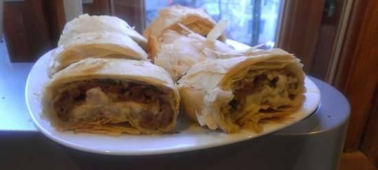 Roll with lamb and feta cheese in filo dough