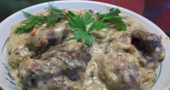 Meat with mushrooms in cheese sauce (multicooker-pressure cooker Steba DD1)