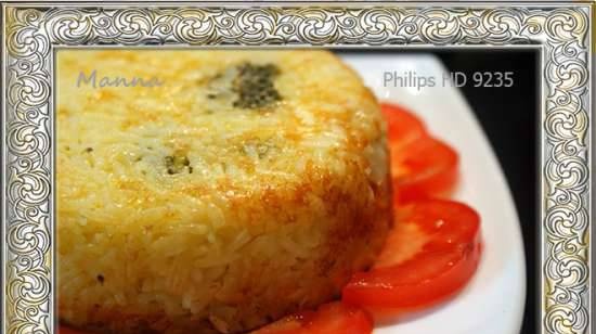 Cazuela de arroz con brócoli y coliflor con salsa de queso en la Airfryer Philips HD9235