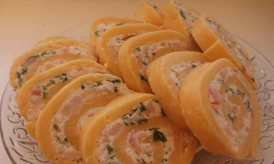 Rollo de queso con gambas