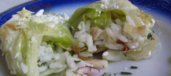 Squid cabbage rolls in creamy garlic sauce