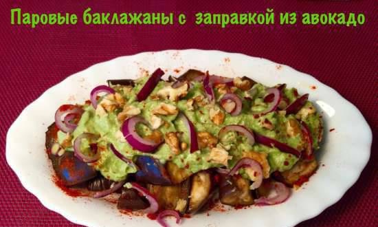 Steamed eggplant salad without oil with avocado dressing