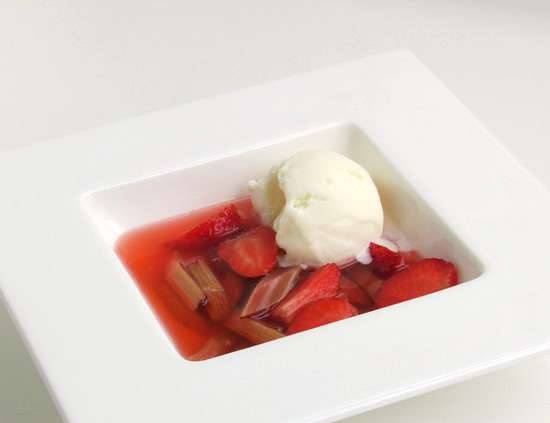 Rhubarb consommé with strawberries and black elderberry sorbet