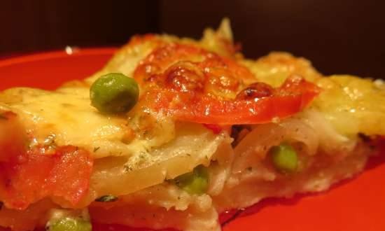 Cazuela de patatas al ajillo, con guisantes y tomates, en una pizzería Princess