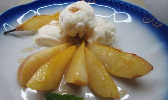 Saffron pears with caramel ice cream