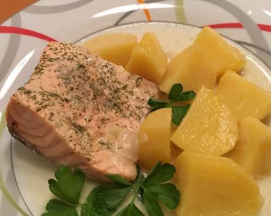 Zalm in mosterd-wijn-roomsaus in een snelkookpan