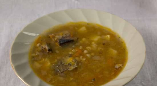 Pearl barley soup with saury