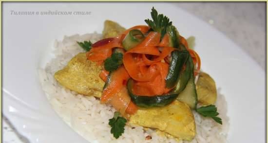 Tilapia al estilo indio sobre almohada de arroz con ensalada de zanahoria