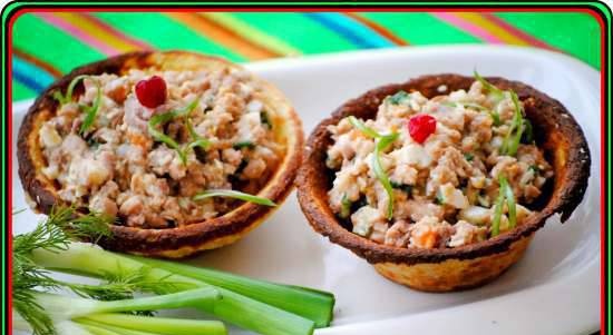 Mga Patatas na Tartlet na may Cod Liver Salad (Kalorik Electric Tartlet Maker)