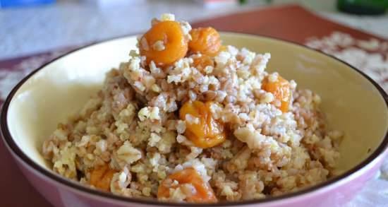 Loose buckwheat with green buckwheat vegetables in a multicooker-pressure cooker