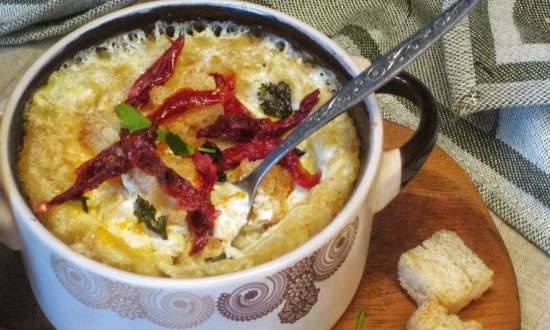 Eieren gebakken in selderij met croutons en zongedroogde tomaten