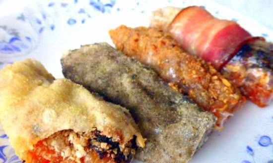 Rollos de papel de arroz con castañas, frutos secos en varios empanadas y sin