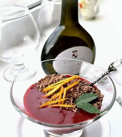 Raspberry soup with chocolate snow