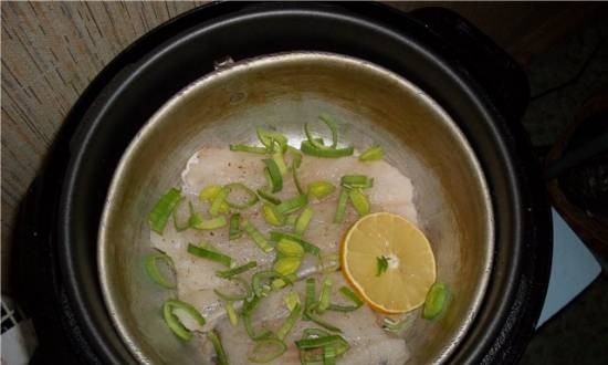 Telapia with steamed broccoli garnish in Unit pressure cooker