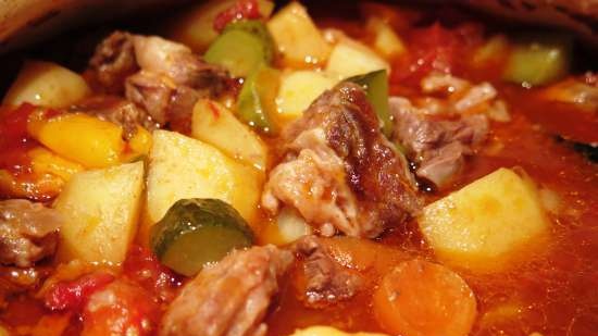 Pot of meat and vegetables with broth