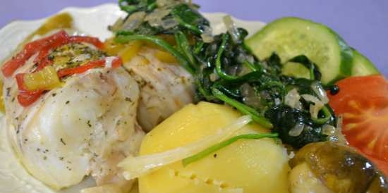 Bacalao guisado en vino blanco y patatas hervidas con espinacas (dos en uno) en olla a presión Oursson