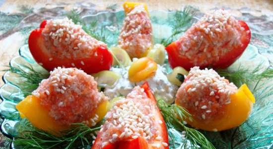 Pimientos rellenos de verduras con dip de crema agria