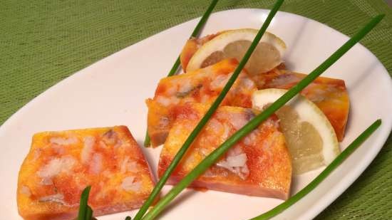 Goldfish en gelatina con dos tipos de rellenos picantes (calabaza y puré de tomates con pimiento rojo)