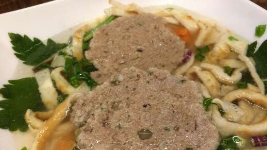 Meat broth with liver dumplings pancakes (Hochzeitssuppe or Festtagssuppe)