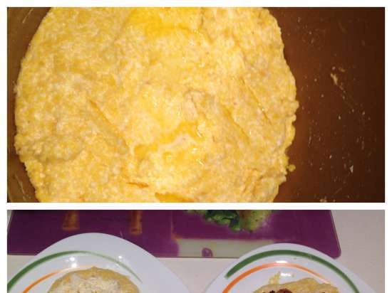 Banosh (โจ๊กข้าวโพด) กับเฟต้าชีสหรือแคร็กเกอร์ใน Bork multicooker