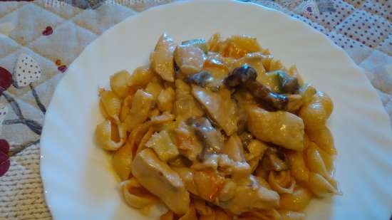 Chicken with mushrooms and vegetables in a creamy sauce