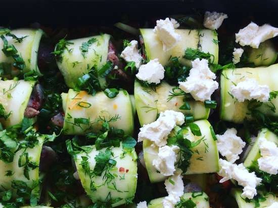 Rotlles de carbassó amb filet de pollastre