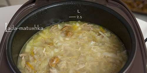 Rich cabbage soup with boiled meat, turnips and chanterelles