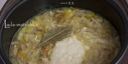 Rich cabbage soup with boiled meat, turnips and chanterelles