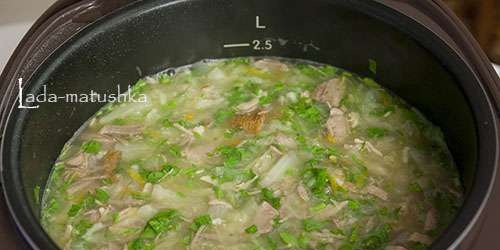 Rich cabbage soup with boiled meat, turnips and chanterelles