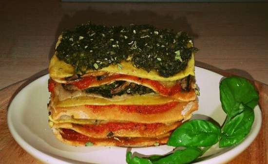 Lasaña integral con salsas de tomate, apio y albahaca al horno