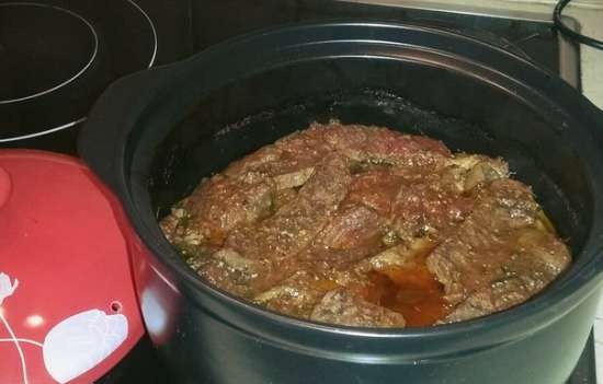 Oven stewed beef with tomatoes in its own juice