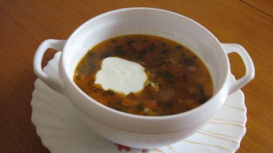 Soup with smoked brisket, red lentils and bulgur (Multicooker Redmond RMC-02)